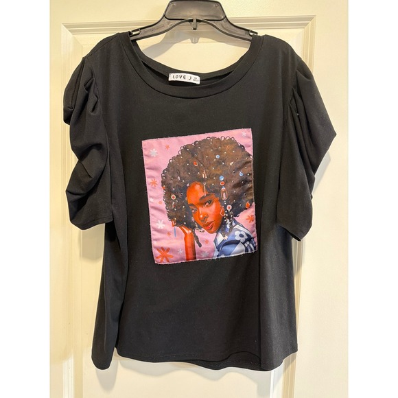 love J Tops - Love J Black Graphic T-Shirt Women 3X Afro Art Puff Sleeve Crew Neck Top